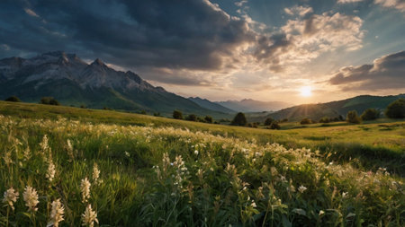 Sunset in the mountains. Beautiful summer landscape with meadow and mountainsの写真素材