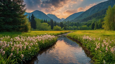 Panoramic view of the mountain river at sunset. Summer landscape.の写真素材