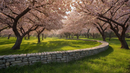 Cherry blossoms in full bloom in the park with stone walkwayの写真素材