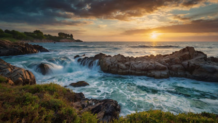 Beautiful sunset over the sea. Panoramic view of the sea at sunset.の写真素材