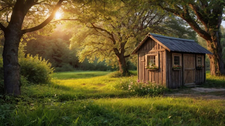 Wooden house in the park in the rays of the setting sunの写真素材