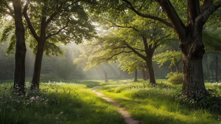 Morning in the park with sunbeams and fog. Nature concept.の写真素材