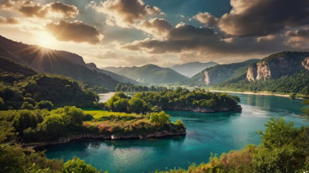 Fantastic panoramic view of the beautiful turquoise water of the river. Dramatic sky with glowing clouds. Europe.の写真素材