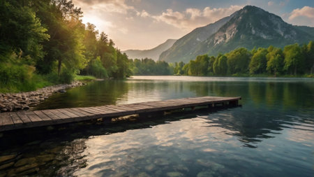 Wooden pier on the shore of a lake in the mountains.の写真素材