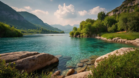 Panoramic view of the turquoise waters of a mountain river.の写真素材