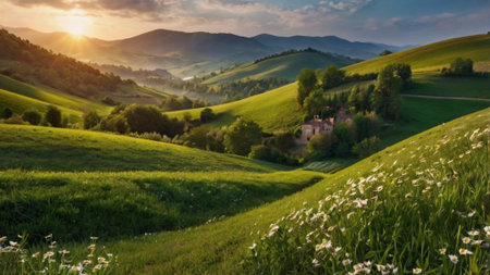 Beautiful sunset in the Tuscany hills. Summer landscape.の写真素材