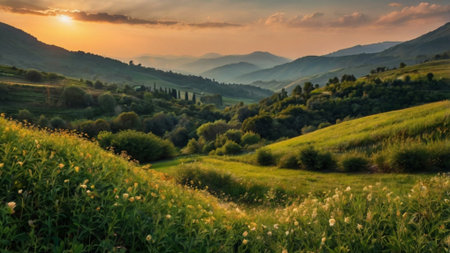 Sunset in Tuscany, Italy. Panoramic view of the Tuscany hills.の写真素材