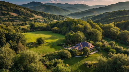 Aerial view of beautiful villa in the mountains. Beautiful summer landscape.の写真素材