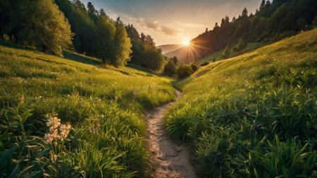 Hiking trail in the Carpathian mountains at sunset. Beautiful summer landscape.の写真素材