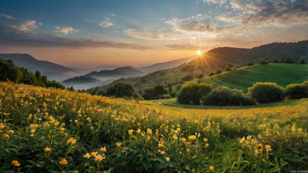 Sunset in the mountains. Beautiful panoramic landscape.の写真素材