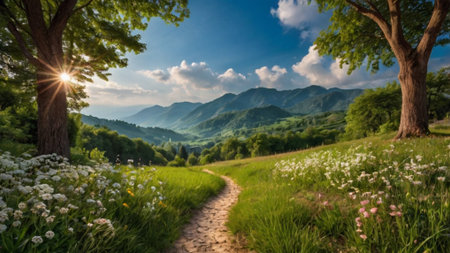 Path in the mountains at sunset. Panoramic view of the meadow with wildflowersの写真素材