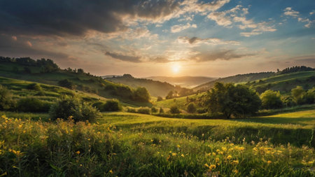 Sunset in the Tuscany hills, Italy. Summer landscapeの写真素材