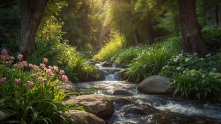 Mountain stream in the forest. Beautiful summer landscape with a river in the forest.の写真素材