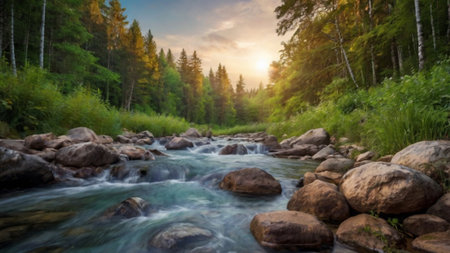 Beautiful mountain river in the forest at sunset. Panoramic viewの写真素材
