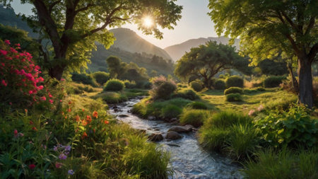 Beautiful summer landscape with a mountain river and a blooming meadowの写真素材