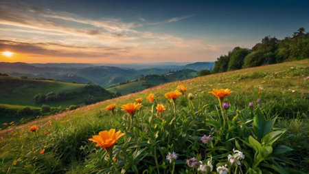 Sunset over the meadow with orange flowers in Carpathian mountainsの写真素材