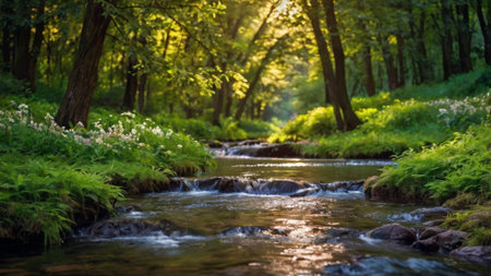 Stream in the forest at sunset. Beautiful summer landscape with a small river.の写真素材