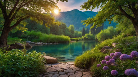 Beautiful landscape of the lake in the mountains at sunset.の写真素材