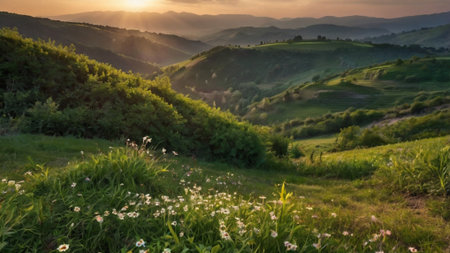 Sunset over the hills. Summer landscape.の写真素材