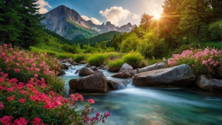 Beautiful mountain landscape with azalea flowers and high mountains in the backgroundの写真素材