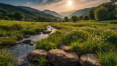 Mountain river landscape at sunset. Panoramic view of the mountain river.の写真素材