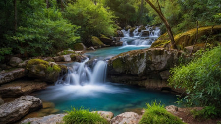 Panoramic view of beautiful waterfall in deep forest, Thailand.の写真素材