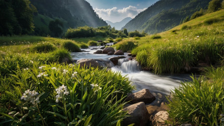 mountain river in the morning. beautiful nature landscape with a mountain riverの写真素材
