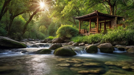 Beautiful landscape with a wooden pavilion on the bank of a mountain river.の写真素材
