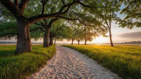 Panoramic view of a path through a field in the morningの写真素材