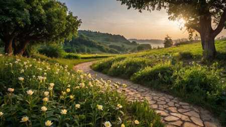 Panoramic view of a path through a meadow at sunsetの写真素材