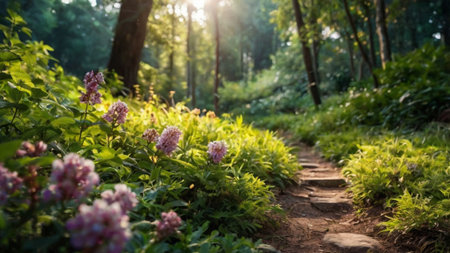 Pathway in the forest with green grass and flowers in the morningの写真素材