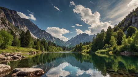 Panoramic view of the lake in the Dolomites, Italy