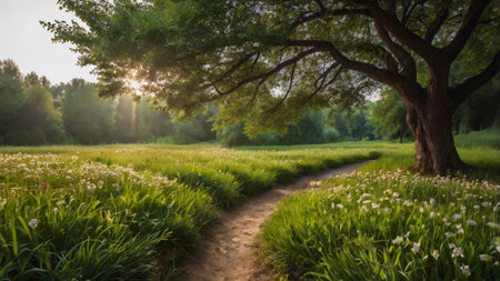 Beautiful summer landscape with a path through a meadow of wild garlicの写真素材