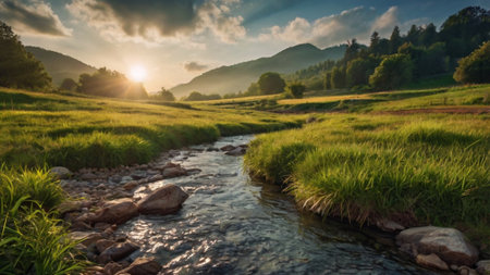 Sunset over a small river in the mountains. Beautiful summer landscape.の写真素材