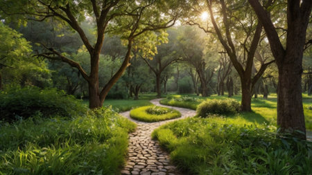 Stone pathway in the park at sunset. Nature background. Green treesの写真素材