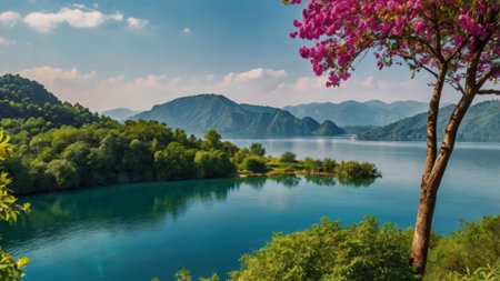 panoramic view of the lake with mountains and trees in the backgroundの写真素材