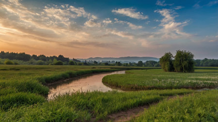 Panoramic view of a small river in the field at sunset.の写真素材