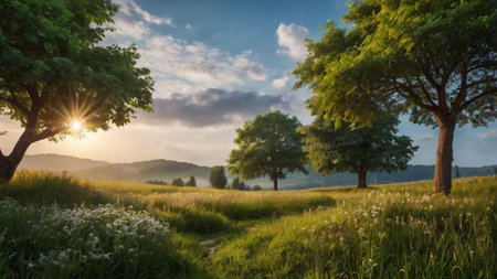 Beautiful summer landscape with green meadow and trees at sunset.の写真素材