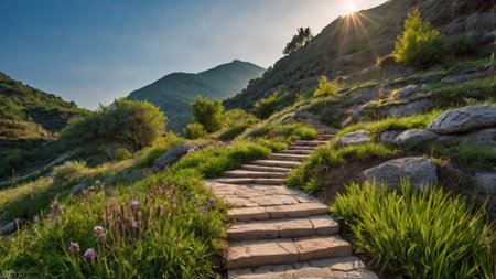 Stone path in the mountains at sunset. Beautiful summer landscape with a path in the mountains.の写真素材