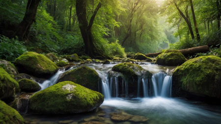 Beautiful waterfall in the forest. Nature composition. Panorama.の写真素材