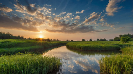 Sunset over a small river with green grass and clouds in the skyの写真素材