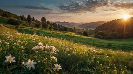 Sunset in the mountains. Beautiful summer landscape with meadow and flowers.の写真素材