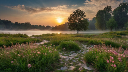 Foggy sunrise over the lake. Beautiful summer landscape. Panorama