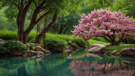 Beautiful spring landscape with pink flowers in blooming garden and pondの写真素材