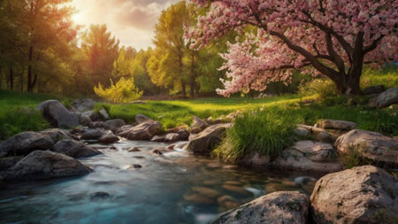 Beautiful spring landscape with blooming sakura trees and stream.の写真素材