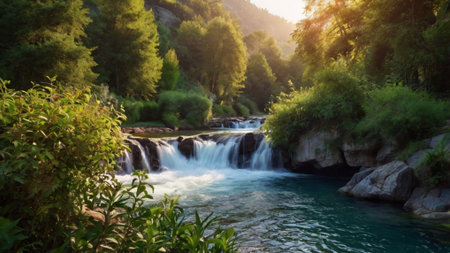 Waterfall in the forest. Waterfall in the mountains at sunset