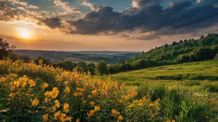 Sunset over the meadow with yellow wildflowers in summerの写真素材