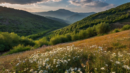 Mountain landscape with grass and flowers in the foreground. Panoramic view.の写真素材