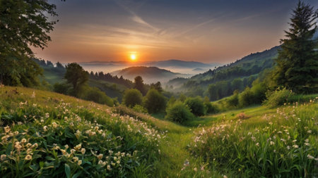 Panoramic view of a beautiful sunset in the Carpathian mountains