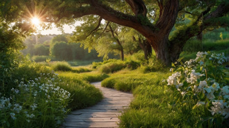 Sunset in the park. Beautiful summer landscape with blooming trees and a path